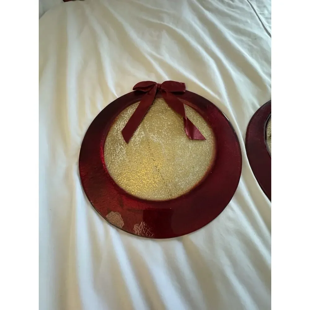 Lot of 2 Red Gold Plates Holiday Bow Christmas Home Decor Glass Frosted